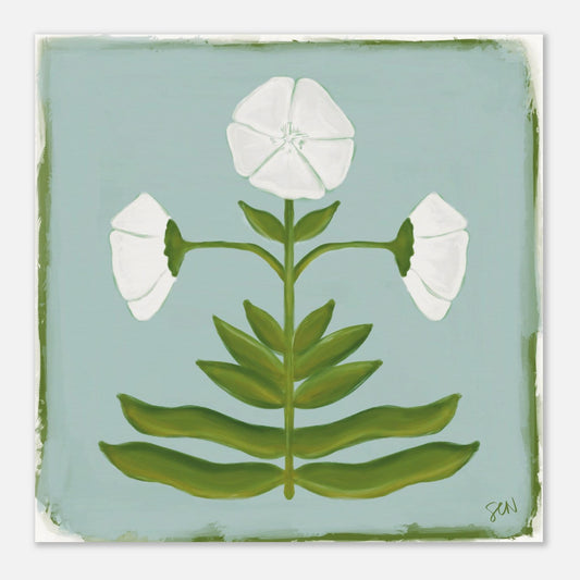 Illustration of a white flower with green leaves on a light blue background