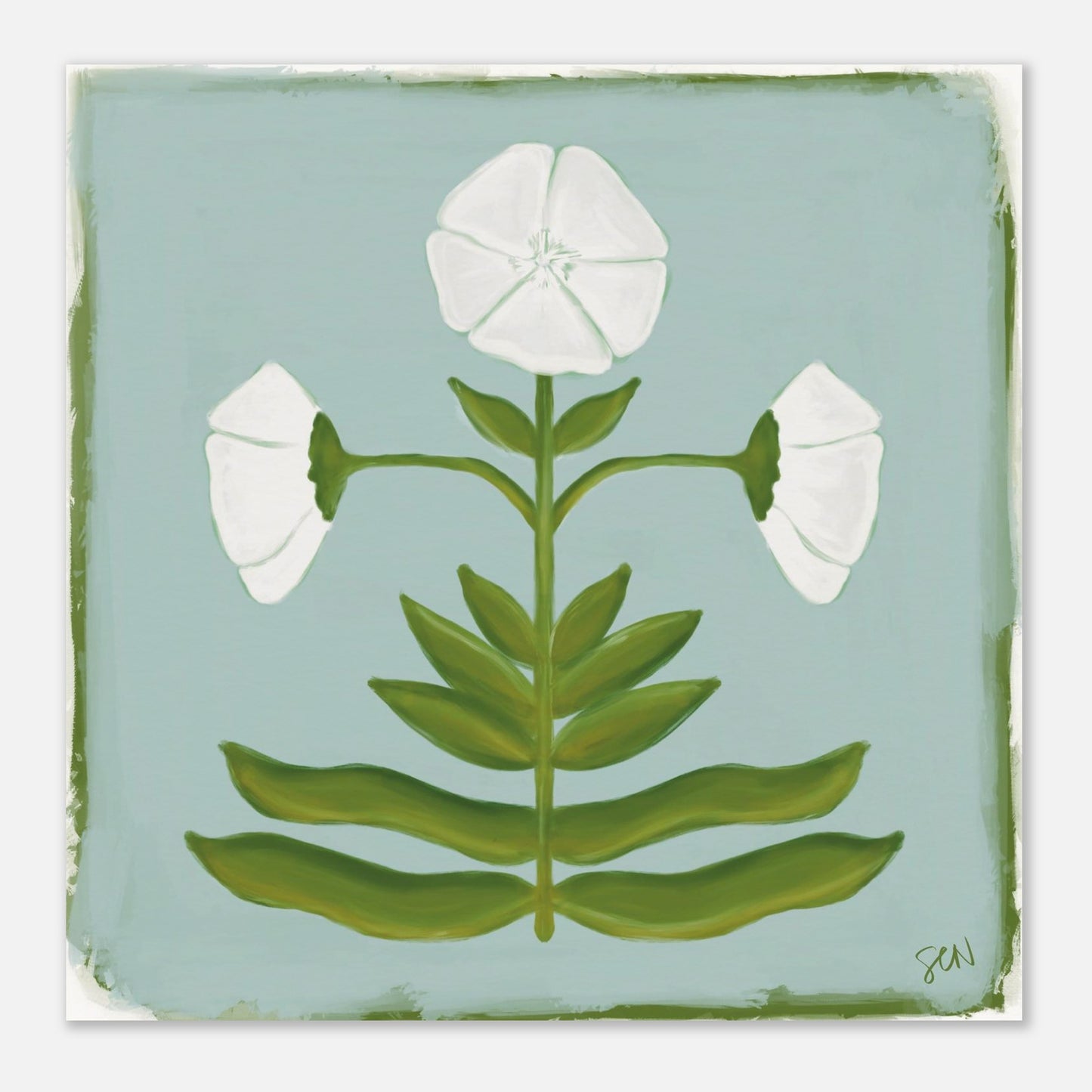 Illustration of a white flower with green leaves on a light blue background