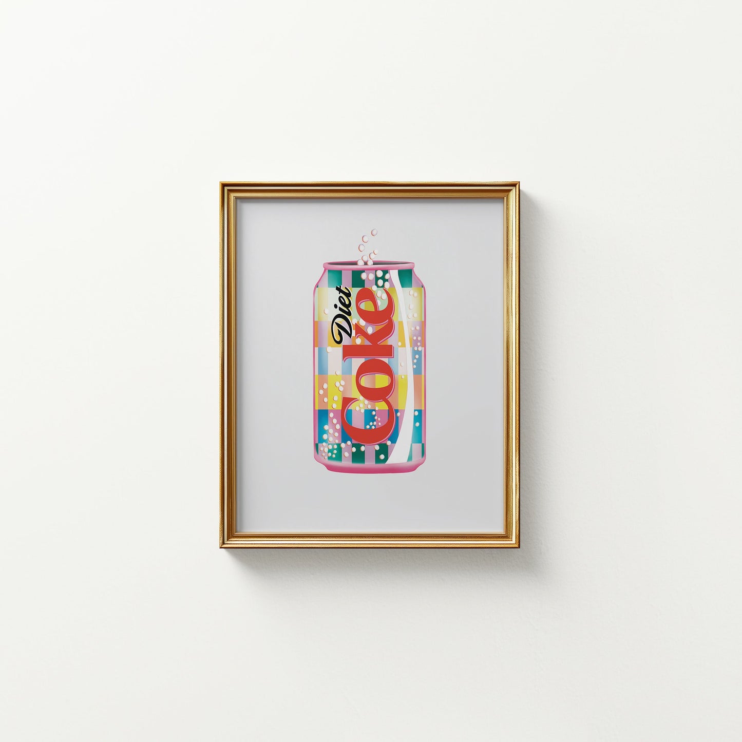 Framed artwork of a colorful Diet Coke can on a white background