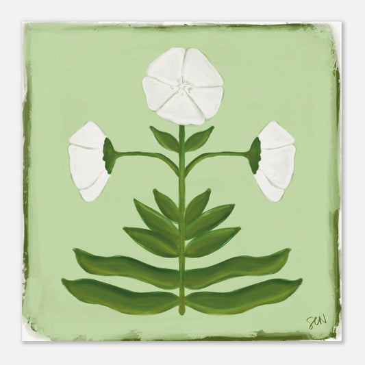 illustration of white flower with green leaves on a light green background