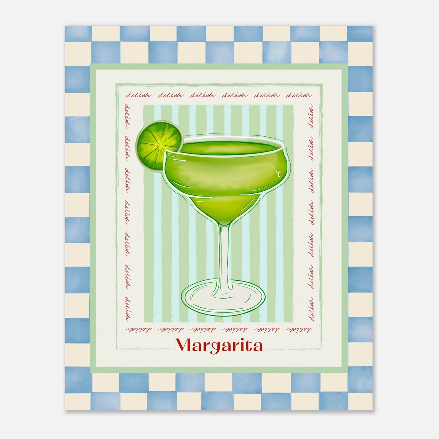 Poster of a green margarita with lime on a striped background