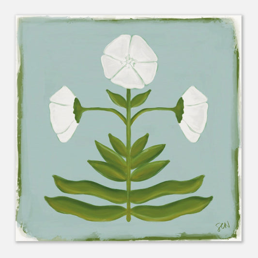 Illustration of a white flower with green leaves on a light blue background