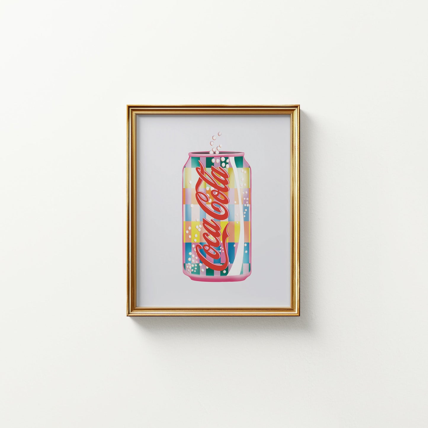 Framed artwork of a colorful Coca-Cola can on a white background