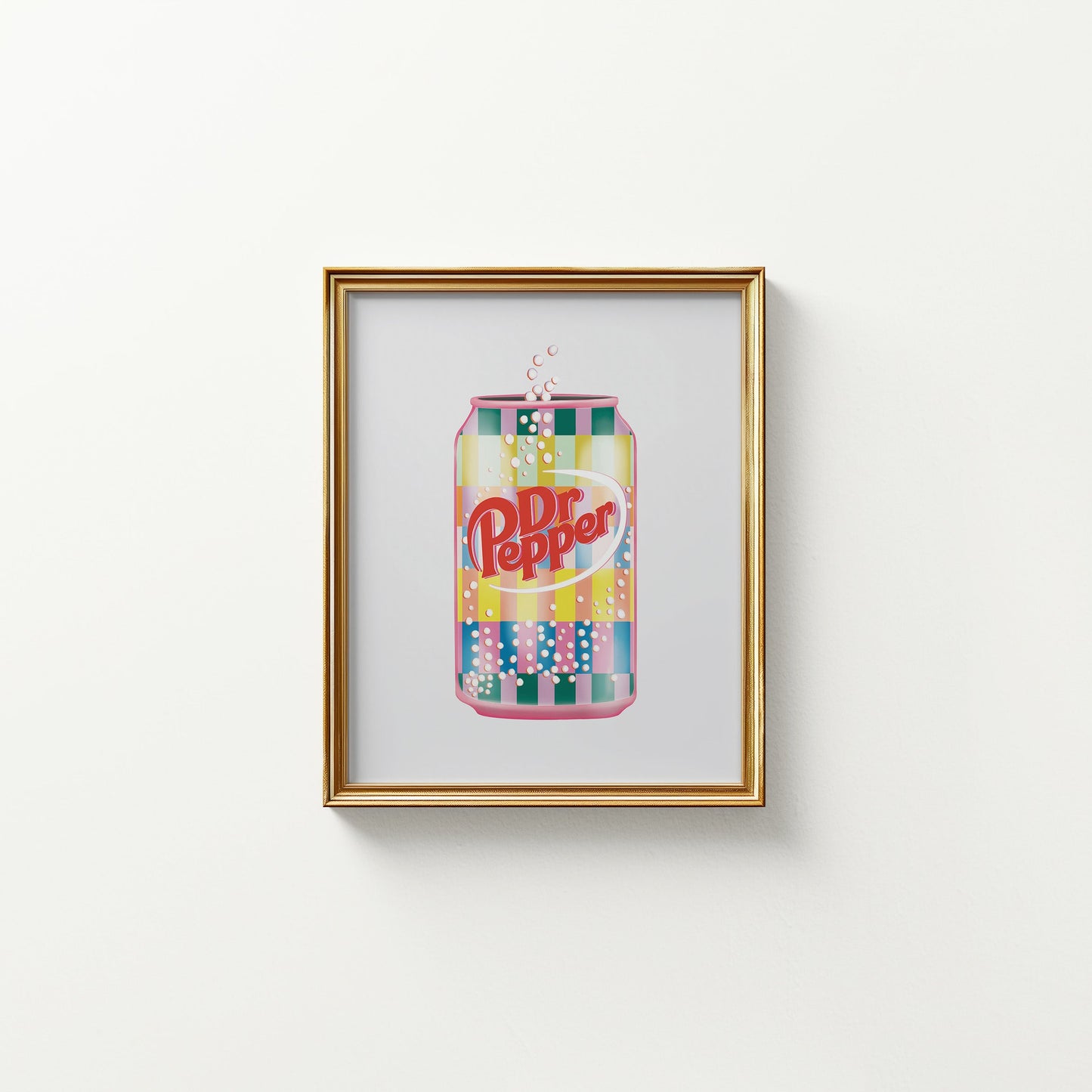 Framed artwork of a colorful Dr Pepper can on a white background