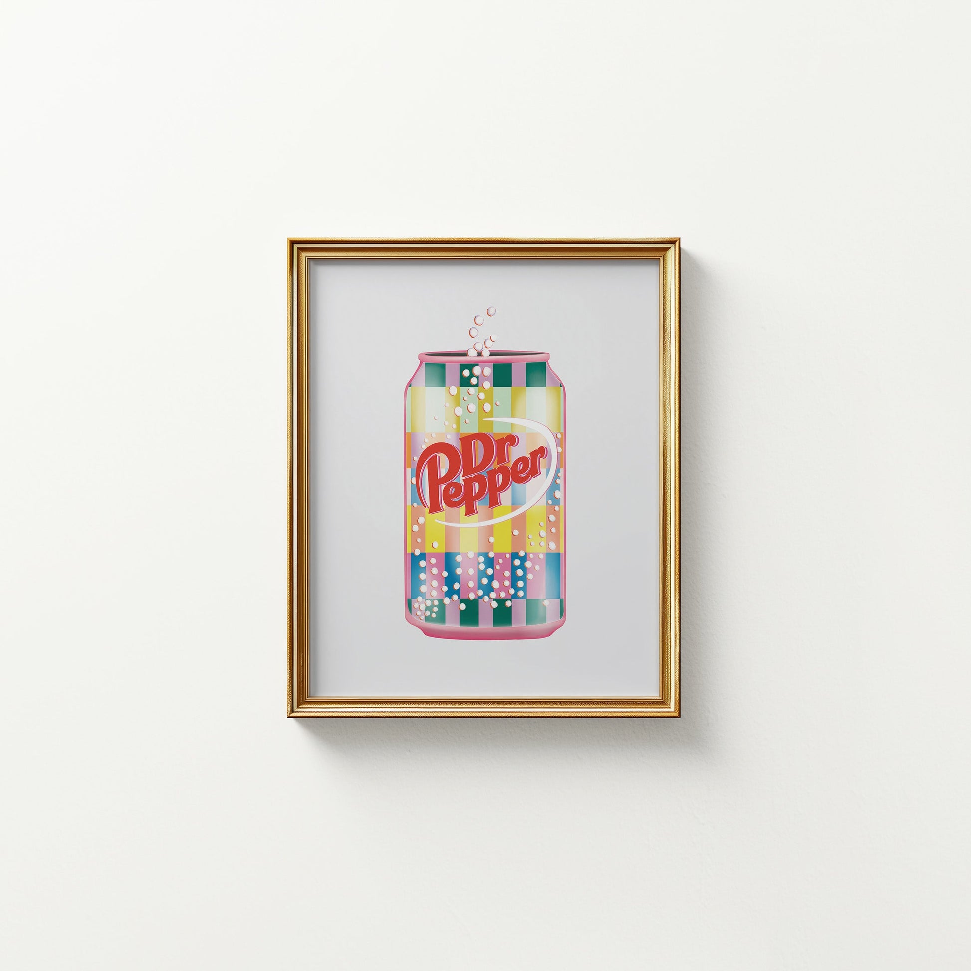Framed artwork of a colorful Dr Pepper can on a white background