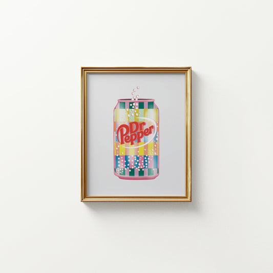 Framed artwork of a colorful Dr Pepper can on a white background