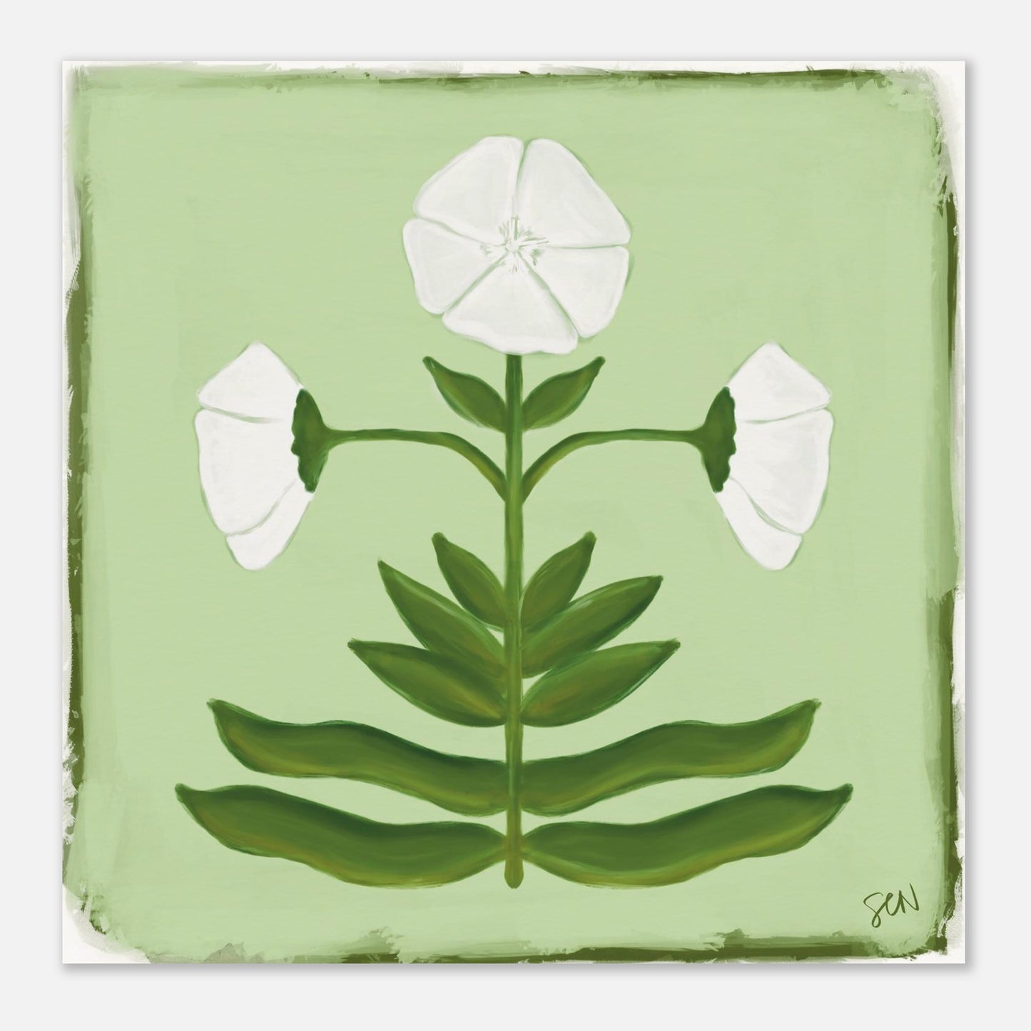 illustration of white flower with green leaves on a light green background